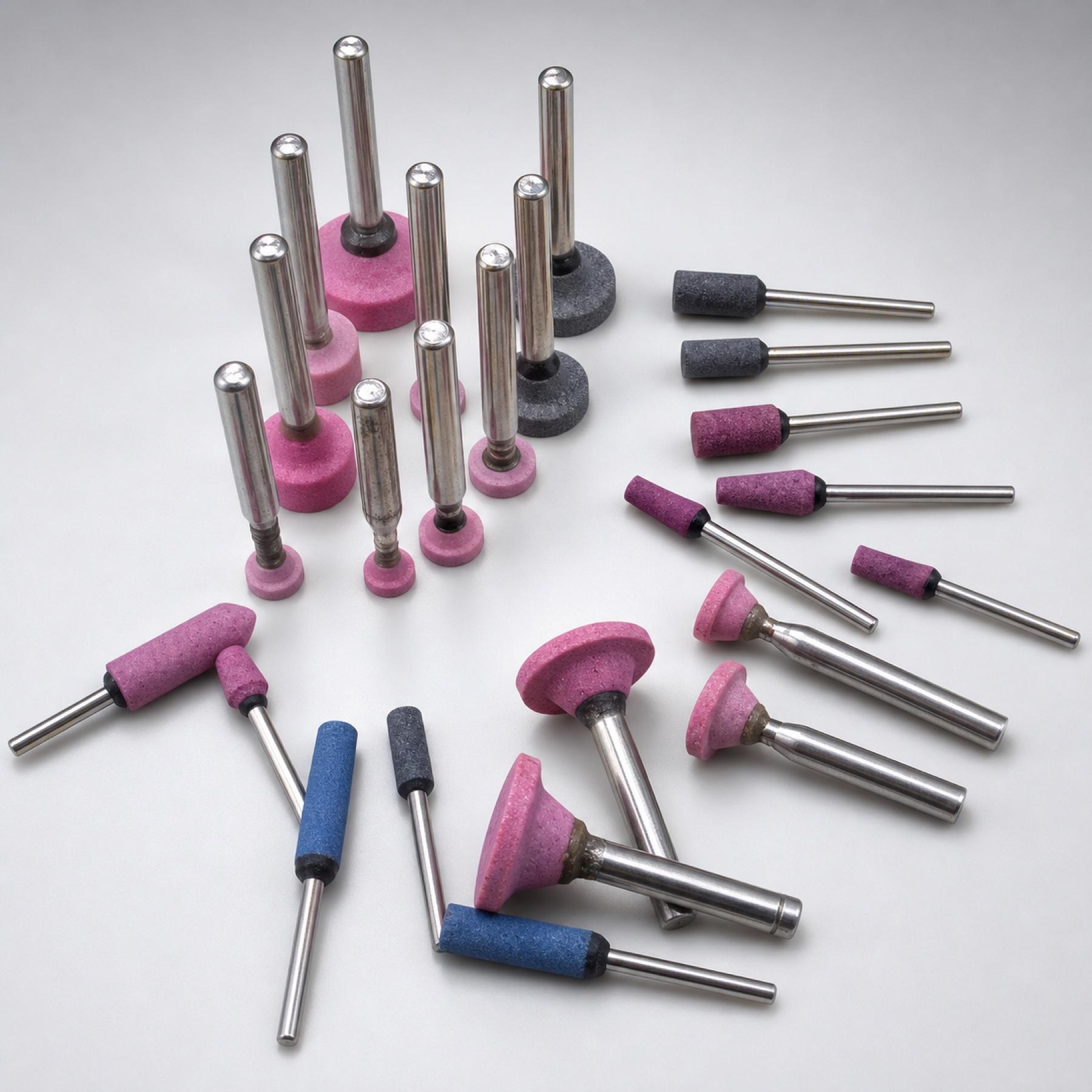 Assorted mounted abrasive points in cylinder, cone and shaped profiles